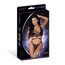 Lust Fetish Double Crossed Nadia Lingerie Set Black S/M packaging featuring bold straps and rings design.