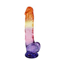 Adam & Eve Sunrise Dreams Realistic Dildo 9.5 Inch featuring a colorful orange, pink, and purple ombré design.