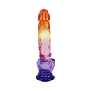 Adam & Eve Sunrise Dreams Realistic Dildo 9.5 Inch with vibrant orange, pink, and purple ombré finish.