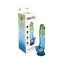 Adam & Eve Seaside Dreams 9.5 Inch Realistic Dildo displayed next to its packaging featuring blue and green ombré color.