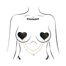 Pastease Black Disco Ball Heart Gold Chains Pasties on a silhouette model, showcasing bold party-ready design.