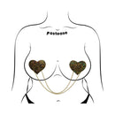 Pastease Black Disco Ball Heart Gold Chains Pasties featuring shimmering heart designs and draping gold chains.