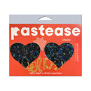 Pastease Black Disco Ball Heart Gold Chains Pasties in packaging with shimmering heart designs and gold chain accents.