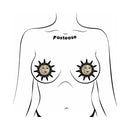Pastease Sunburst Sun & Moon Gold Glitter Nipple Pasties displayed on a model's chest with a playful sun design.