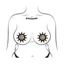 Pastease Sunburst Sun & Moon Gold Glitter Nipple Pasties featuring a sun and moon design on a model.