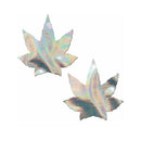 Pastease Indica Pot Leaf Silver Holographic Weed Pasties featuring iridescent pot leaf designs.