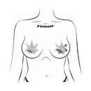 Pastease Indica Pot Leaf Silver Holographic Weed Pasties displayed on a body illustration.