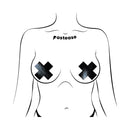 Pastease Plus X Faux Latex Vinyl Black Cross Pasties on a body illustration showcasing black cross designs.