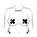 Pastease Plus X Faux Latex Vinyl Black Cross Pasties displayed on a stylized body illustration with black cross designs.