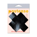 Pastease Plus X Faux Latex Vinyl Black Cross Pasties on packaging with a sleek black cross design for nipple coverage.