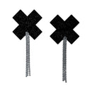 Pastease Black Sparkle Plus X Rhinestone Tassel Pasties with glittery black surface and dangling rhinestone fringe.