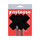 Pastease Black Sparkle Plus X Rhinestone Tassel Pasties on red packaging with glittery finish and rhinestone details.