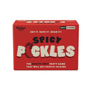 Spicy Pickles The adults-only Party Game box design featuring bold colors and playful text.