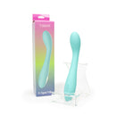 Spectrum Essentials Silicone G-spot Vibrator Blue displayed in its packaging on a clear stand.