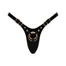 Strap-on-me Fabulous Glossy Leatherette Harness Black with gold accents and removable rings.