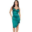Model wearing the Coquette Holiday Satin Dress Green L, showcasing its flattering silhouette and side ruching.