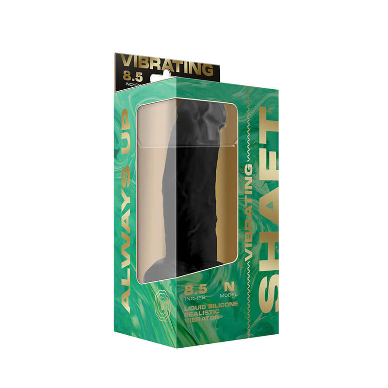 Shaft Vibrating Model N 8.5 inches Dildo Black packaging with liquid silicone design, showcasing realistic features.