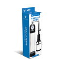 Me You Us Gauge It Penis Pump Clear packaging design with suction pump and built-in gauge for vacuum enhancement.