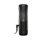 The Handy Interactive Stroker, a sleek black interactive masturbation device with control panel and charging port.