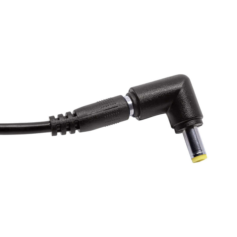 Right-angle power connector with black cable for electronic devices.