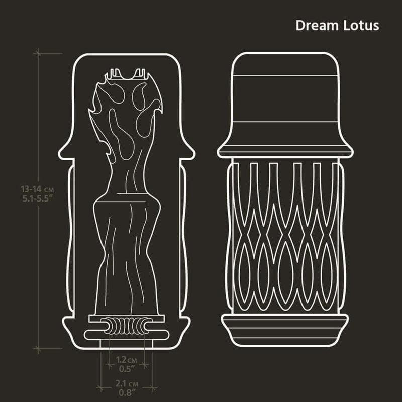 The Handy Dream Collection Lotus Sleeve features a detailed illustration showcasing its ergonomic design and dimensions.
