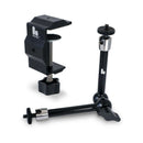 The Handy Handsfree Desk Mount showing its adjustable clamp and sturdy base for hands-free use.