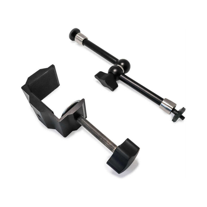 The Handy Handsfree Desk Mount components including clamp and adjustable arm for hands-free use.