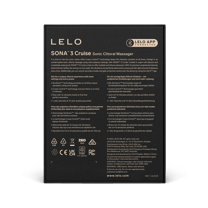 LELO SONA 3 Cruise Clitoral Stimulator Plum product packaging back with features and design details.