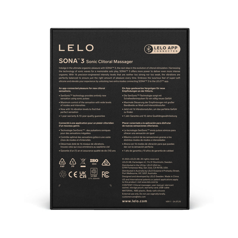 LELO SONA 3 Clitoral Stimulator Violet box packaging with product details and features listed.