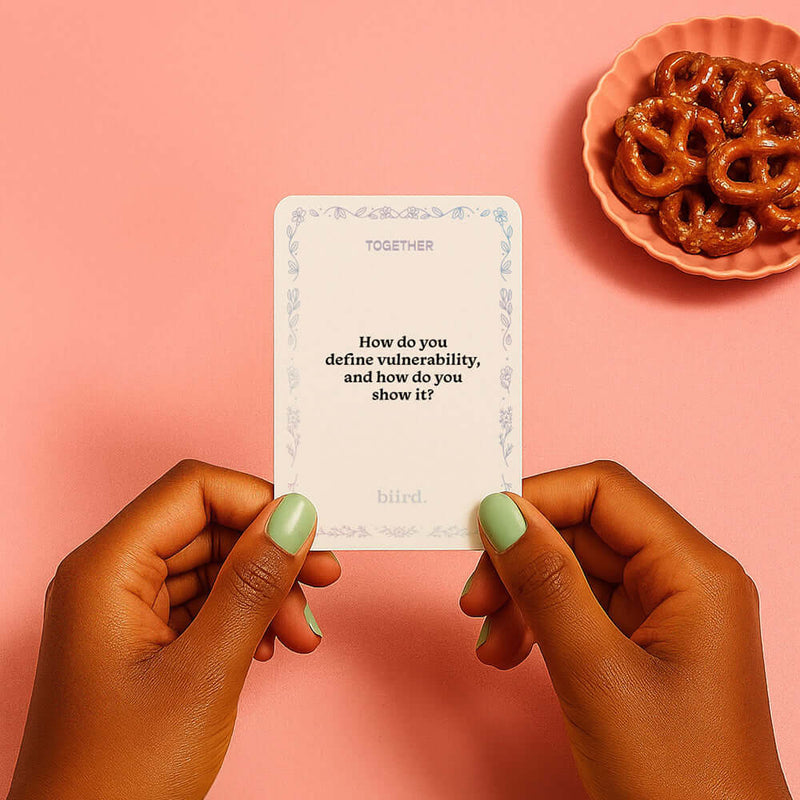 Biird x Jouissance Club Together Couples Card Game question card about vulnerability in hands.