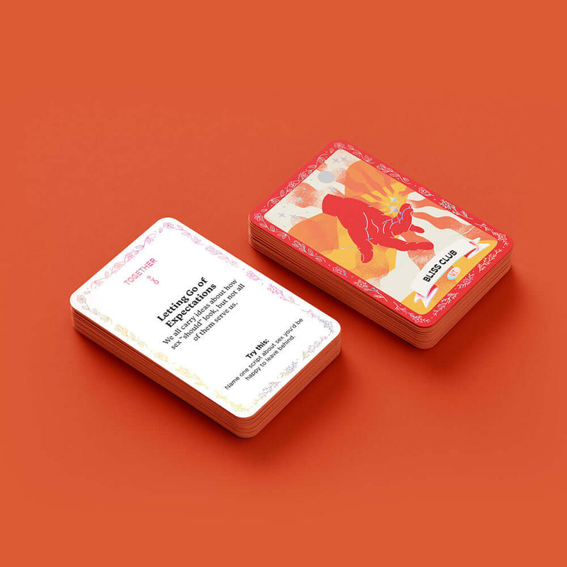 Biird x Jouissance Club Together Couples Card Game featuring beautifully designed conversation cards on an orange background.