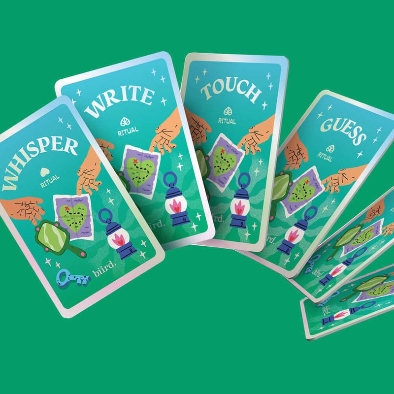Biird x Jouissance Club Together Couples Card Game featuring colorful cards with prompts for intimacy and connection.
