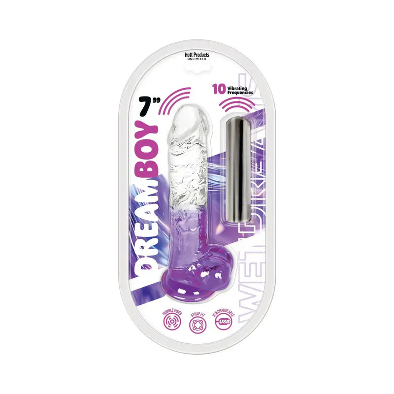 Wet Dreams Dream Boy Jelly Vibrating Dildo 7 inches Purple packaging with 10 vibrating functions.