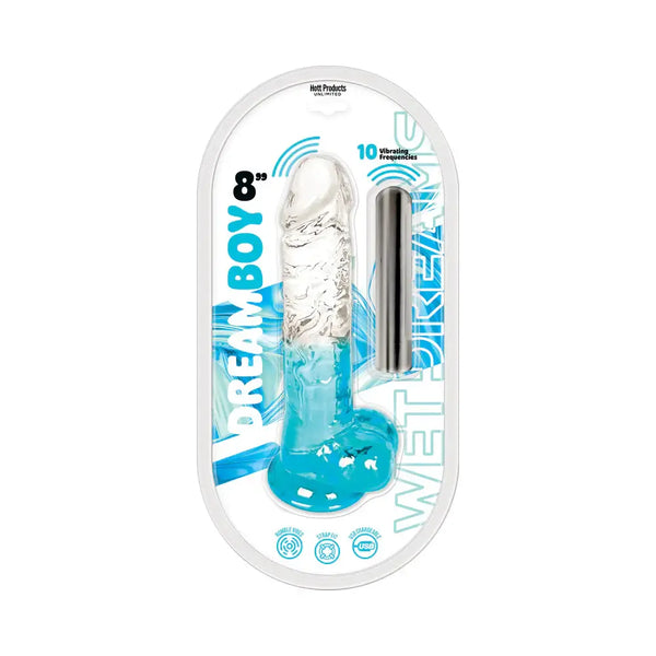 Wet Dreams Dream Boy Jelly Vibrating Dildo 8 inches Aqua with 10 vibrating settings in blue packaging.