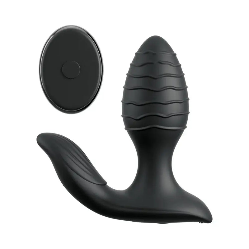 Anal Fantasy Elite Gyro Milk Pro Black, a black textured prostate plug with remote control for enhanced pleasure.