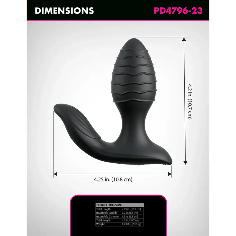 Dimensions of the Anal Fantasy Elite Gyro Milk Pro Black, showcasing its 10.8 cm length and 10.7 cm height in a sleek design.