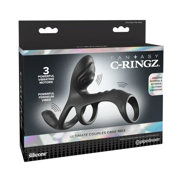 Fantasy C Ringz Ultimate Couples Cage Max Black packaging featuring triple motors and vibing design.