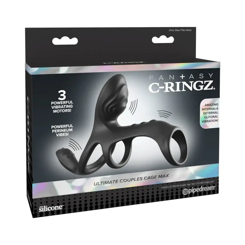 Fantasy C Ringz Ultimate Couples Cage Max Black packaging featuring triple motors and vibing design.