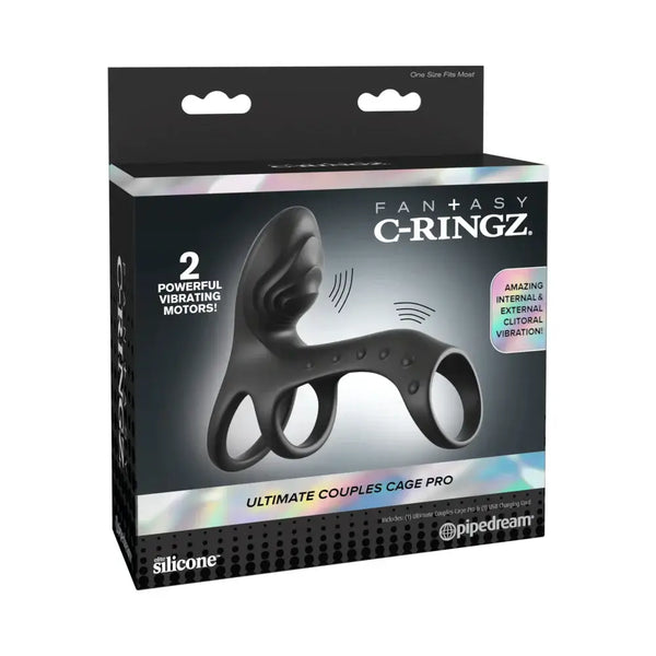 Fantasy C Ringz Ultimate Couples Cage Pro Black packaging with dual vibrating motors for enhanced pleasure.
