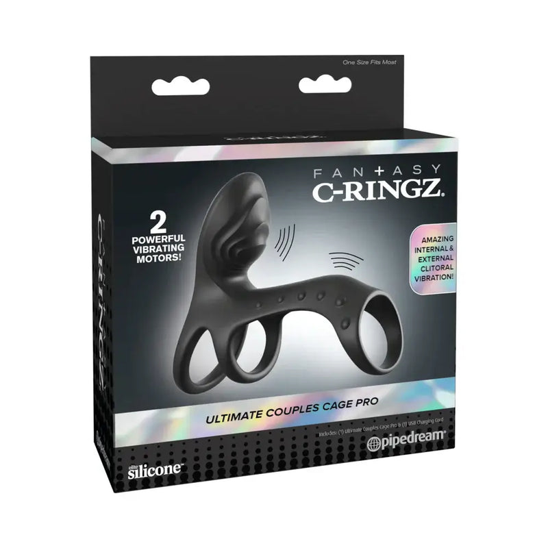 Fantasy C Ringz Ultimate Couples Cage Pro Black packaging with dual vibrating motors for enhanced pleasure.
