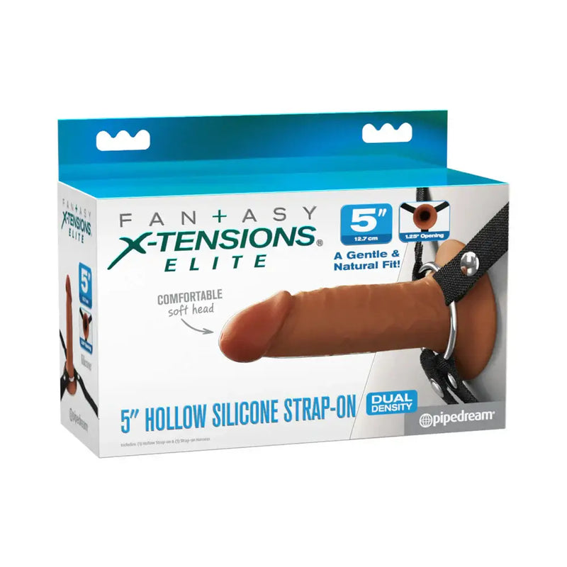 Fantasy X Elite Silicone Hollow Strap On 5 inches Brown packaging showcasing the product's features and benefits.