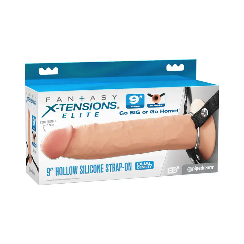 Fantasy X Tensions Elite Silicone Hollow Strap On 9 inches product packaging showcasing comfortable design and impressive length.