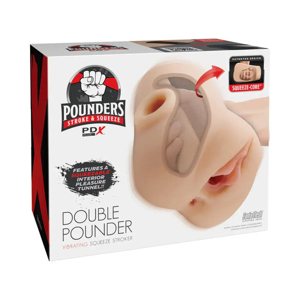 PDX Plus Double Pounder Vibrating Squeeze Stroker Light packaging showcasing the dual-entry stroker design.