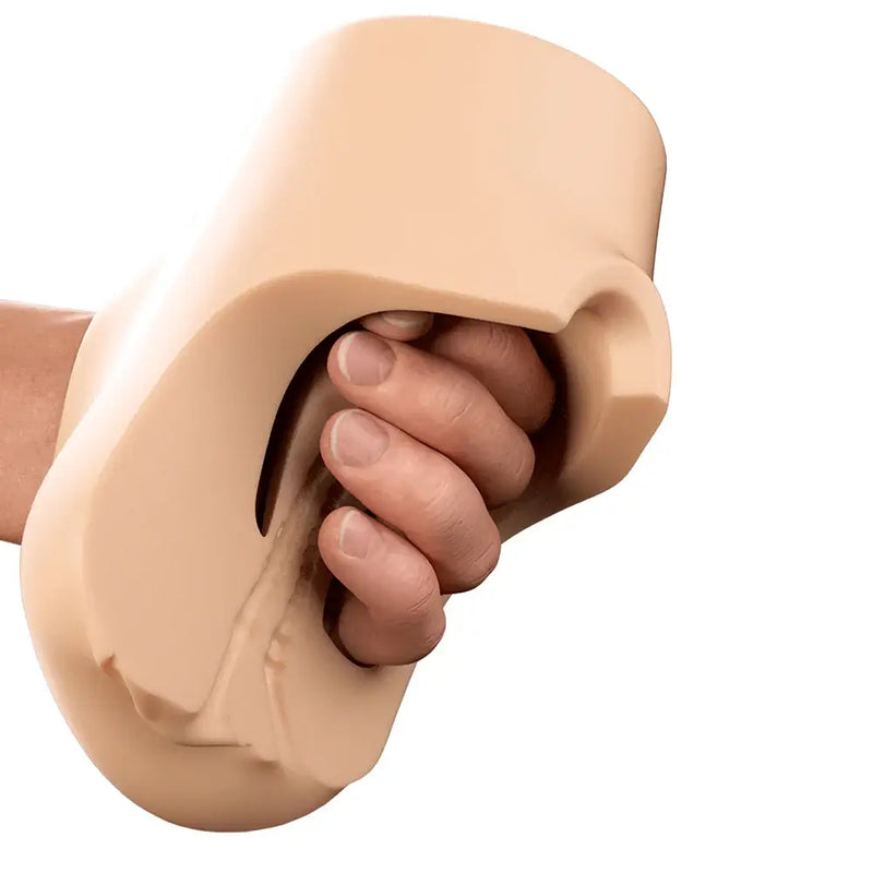 PDX Plus Double Pounder Vibrating Squeeze Stroker Light held in a hand, showcasing its soft texture and ergonomic design.