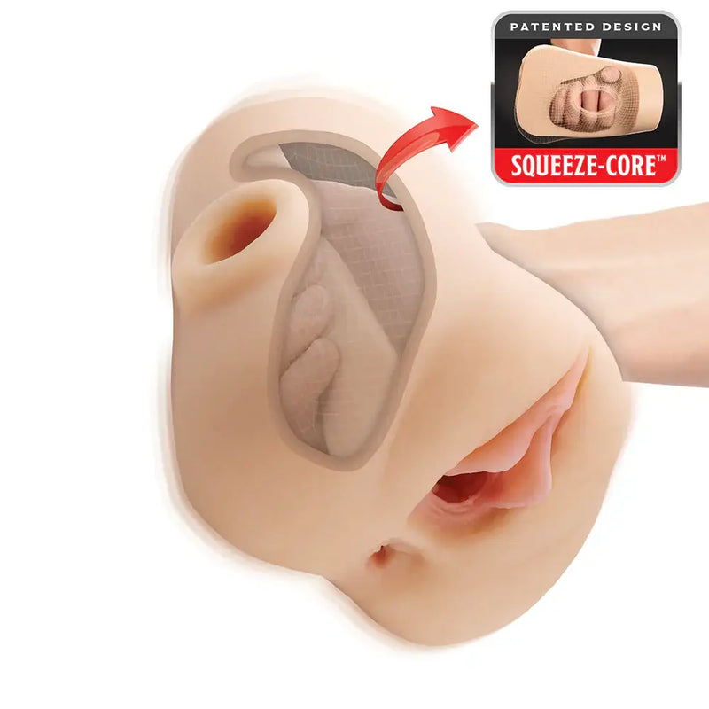 PDX Plus Double Pounder Vibrating Squeeze Stroker Light showing patented Squeeze-Core design for enhanced sensation.