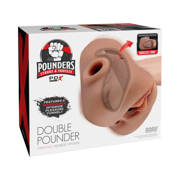 PDX Plus Double Pounder Vibrating Squeeze Stroker Brown packaging displaying the unique Squeeze-Core design.