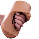 PDX Plus Double Pounder Vibrating Squeeze Stroker Brown in hand, showcasing the soft Fanta Flesh material and design.