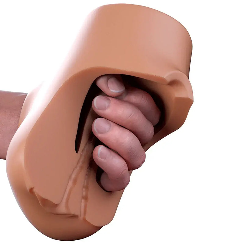 PDX Plus Double Pounder Vibrating Squeeze Stroker Brown in hand, showcasing the soft Fanta Flesh material and design.