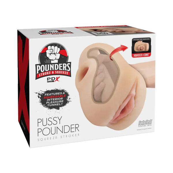 PDX Plus Pussy Pounder Squeeze Stroker Light box showcasing realistic design and squeeze core feature for enhanced pleasure.