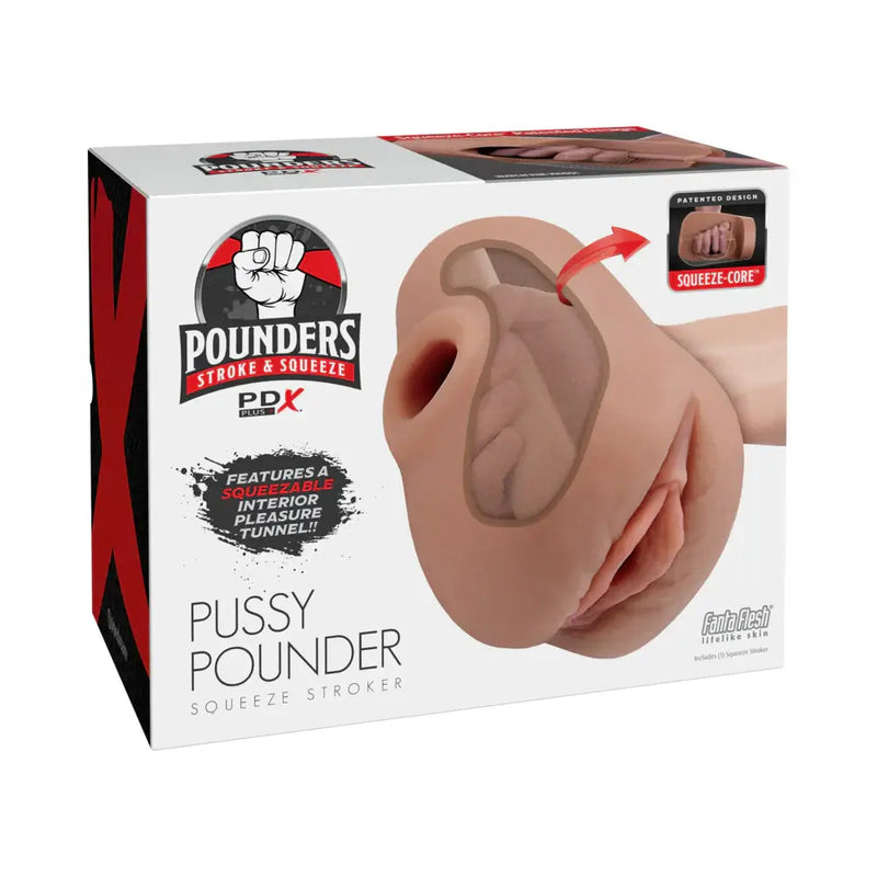 PDX Plus Pussy Pounder Squeeze Stroker Brown packaging showcasing the lifelike design and features.